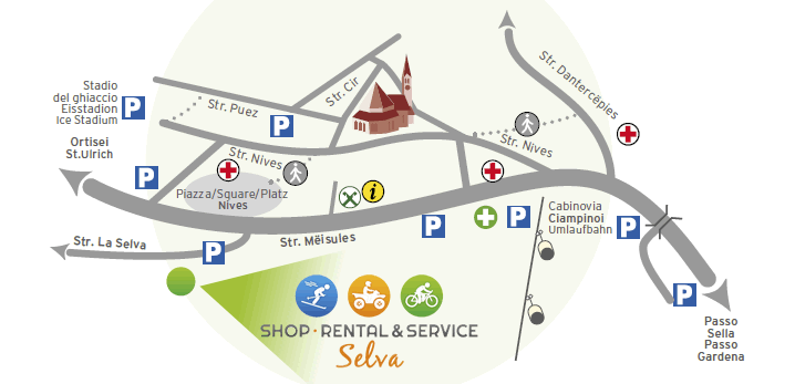 Location of the Selva Ski Rental in Selva Gardena